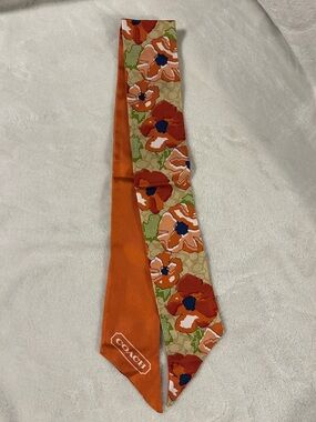 Coach Floral Silk twilly scarf in Orange, Navy & Cream